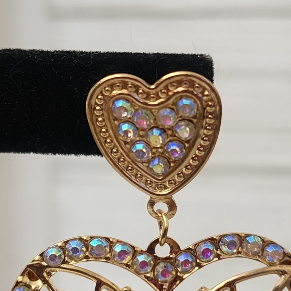 Gold Heart Earrings with AB Crystals and Butterfly - Picture 2 of 5